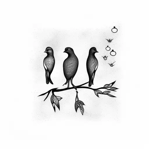 Five birds sitting on a branch, Five birds flying away tattoo design idea