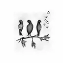 Five birds sitting on a branch, Five birds flying away tattoo design idea