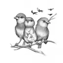 Five birds sitting on a branch, Five birds flying away tattoo design idea