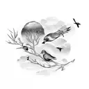 5 birds sitting on a branch, 5 birds flying away tattoo design idea