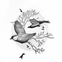 5 birds sitting on a branch, 5 birds flying away tattoo design idea