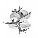 5 birds sitting on a branch, 5 birds flying away tattoo design idea