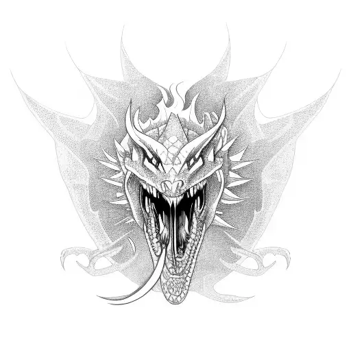 A fierce dragon breathing fire while driving a vintage car. tattoo design idea