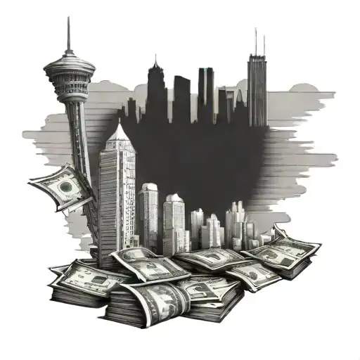 A skyline of Atlanta with a stack of cash as the centerpiece tattoo design idea
