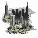 A skyline of Atlanta with a stack of cash as the centerpiece tattoo design idea