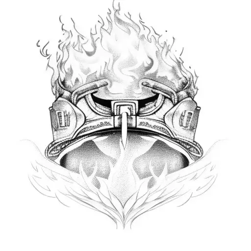 A firefighter's helmet engulfed in flames with an eagle perched on top tattoo design idea