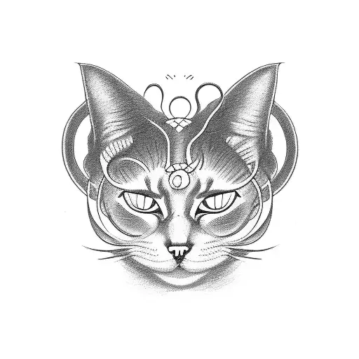 a cat with 3 heads inspired by Cerberus in a dark illustrative art style with occult influences  tattoo design idea