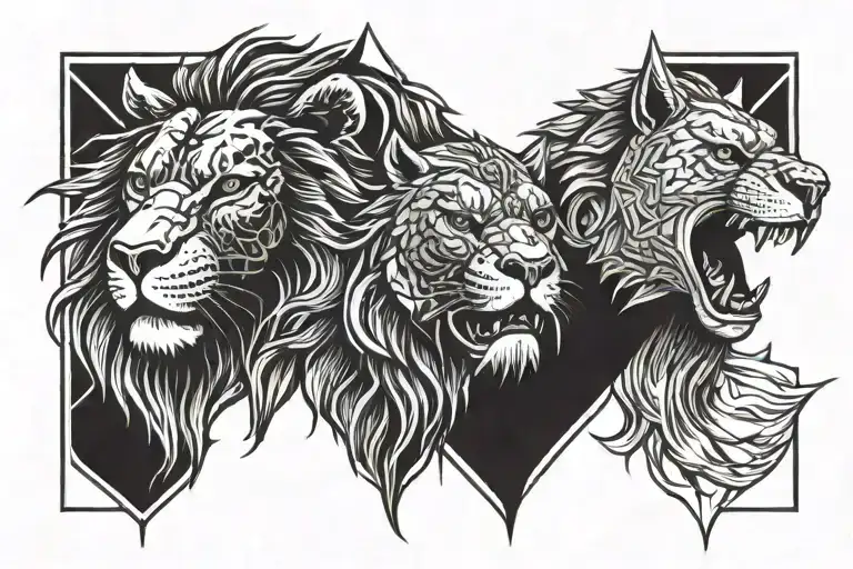 lion and shark and eagle head tattoo design idea