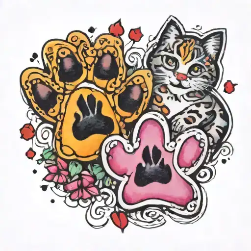 2 dog paws with "Stella Rose" and "Buddy"  inside each paw print and a cat paw print with "Khalifa" all in watercolors  tattoo design idea