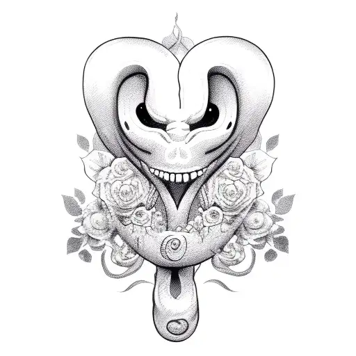 ghost face with snake going through the eyes and mouth with flowers placed randomly around face tattoo design idea