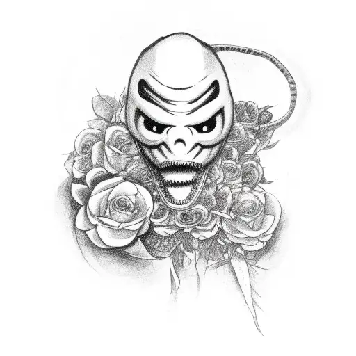 ghostface with snake going through the eyes and mouth with flowers placed randomly around face tattoo design idea