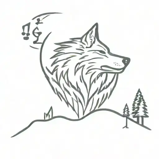 wolf howling, music notes, camping tattoo design idea
