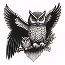 owl with wings spread protecting 2 baby owls sitting tattoo design idea