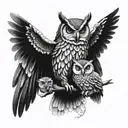 owl with wings spread protecting 2 baby owls sitting tattoo design idea