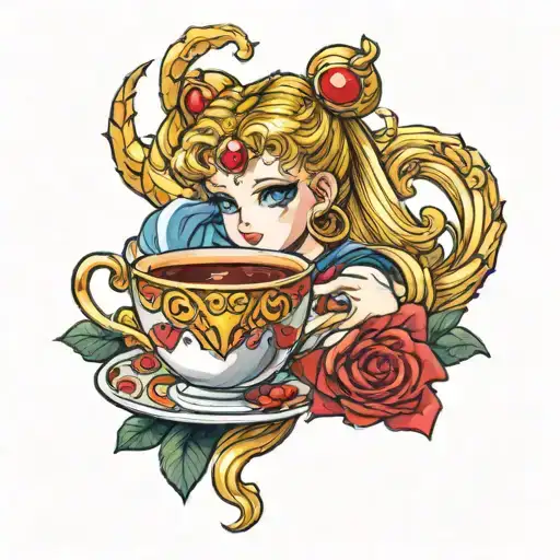 A Sailor Moon themed tattoo drinking tea with a phlebotomy role tattoo design idea