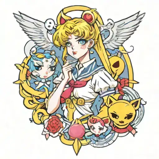 A Sailor Moon themed tattoo featuring the characters in a sketch style, with a phlebotomy twist tattoo design idea
