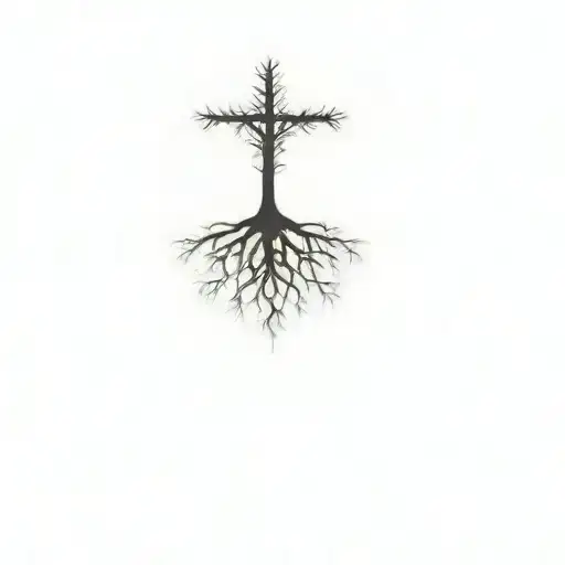 a cross tree with roots add shading tattoo design idea