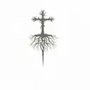 a cross tree with roots with birds in background  tattoo design idea