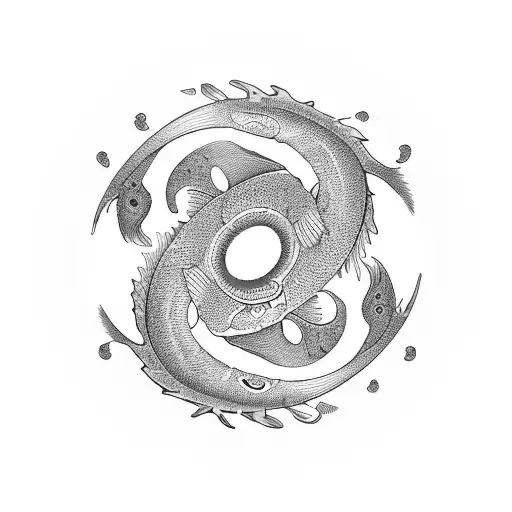 Yin and Yang with koi fish and the letters MK with ocean waves and scales tattoo design idea
