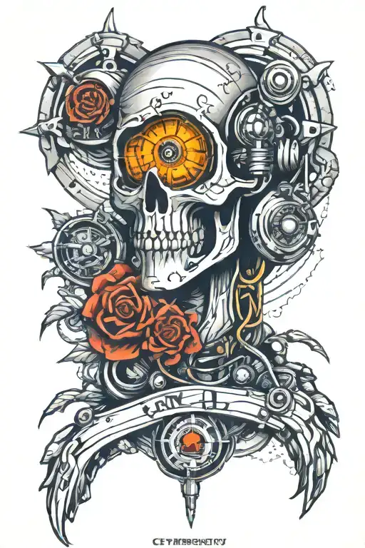 Incorporate cybernetic elements into a traditional tattoo design inspired by writing and clothing tattoo design idea