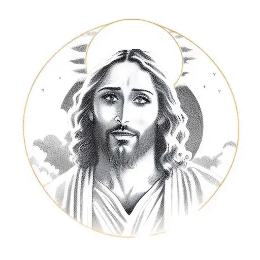 Jesus driving an astrovan that is primarily white with red accent tattoo design idea