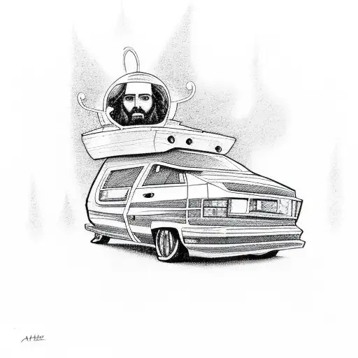 Jesus driving an astrovan that is primarily white with red accent tattoo design idea