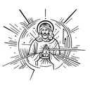 Jesus driving an astrovan that is primarily white with red accent tattoo design idea