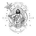 Jesus driving an astrovan that is primarily white with red accent tattoo design idea