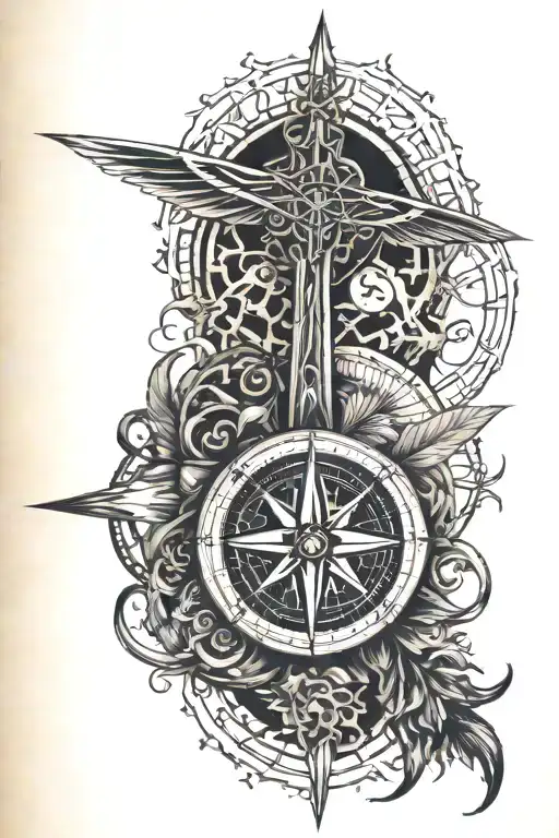 compass surrounded cross death angel tattoo design idea