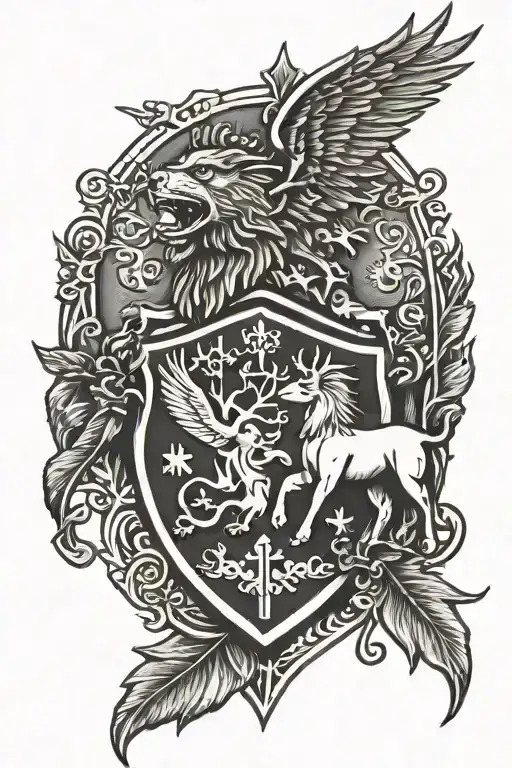 sheild with polish flag, scottish lion, whitetail buck, and hummbird  tattoo design idea