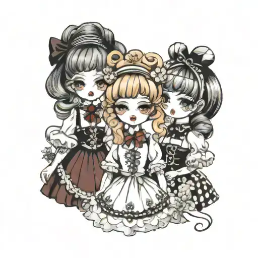 three dolls in lolita fashion  tattoo design idea