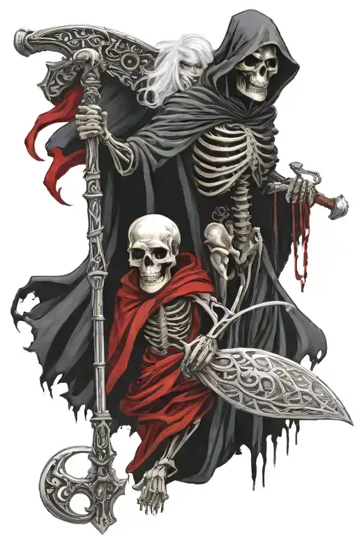 skeleton grim reaper in a black cloak holding his death scythe and a goddess of a woman with silver hair and ruby eyes tattoo design idea