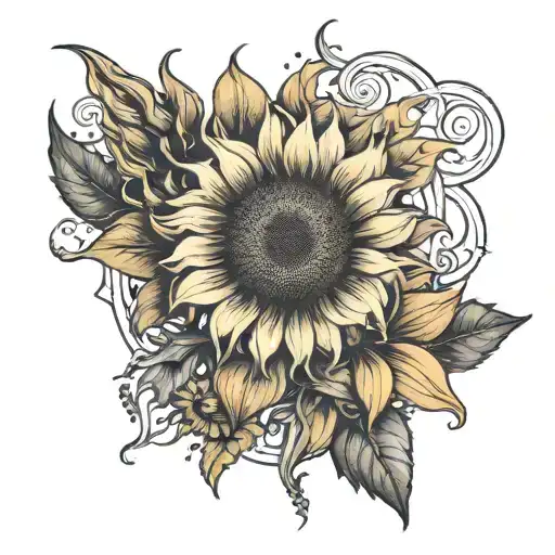 sunflower with steams and Gothic lilies forming a sheikah symbol on bicep tattoo design idea
