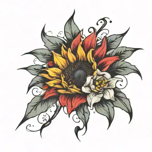 half sleeve with sunflower on the shoulder and goth lilies and sundelions from legend of zelda tears of the kingdom tattoo design idea