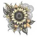 sunflower with steams and Gothic lilies forming a sheikah symbol on bicep tattoo design idea