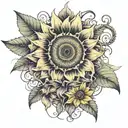 sunflower with steams and Gothic lilies forming a sheikah symbol on bicep tattoo design idea