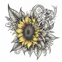 sunflower with steams and Gothic lilies forming a sheikah symbol on bicep tattoo design idea
