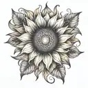 sunflower with steams and Gothic lilies forming a sheikah symbol on bicep tattoo design idea
