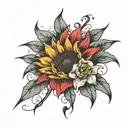 half sleeve with sunflower on the shoulder and goth lilies and sundelions from legend of zelda tears of the kingdom tattoo design idea