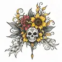 half sleeve with sunflower on the shoulder and goth lilies and sundelions from legend of zelda tears of the kingdom tattoo design idea