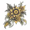 half sleeve with sunflower on the shoulder and goth lilies and sundelions from legend of zelda tears of the kingdom tattoo design idea