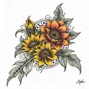 half sleeve with sunflower on the shoulder and goth lilies and sundelions from legend of zelda tears of the kingdom tattoo design idea