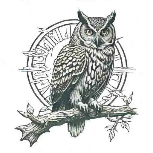 Sun and owl perched tattoo design idea