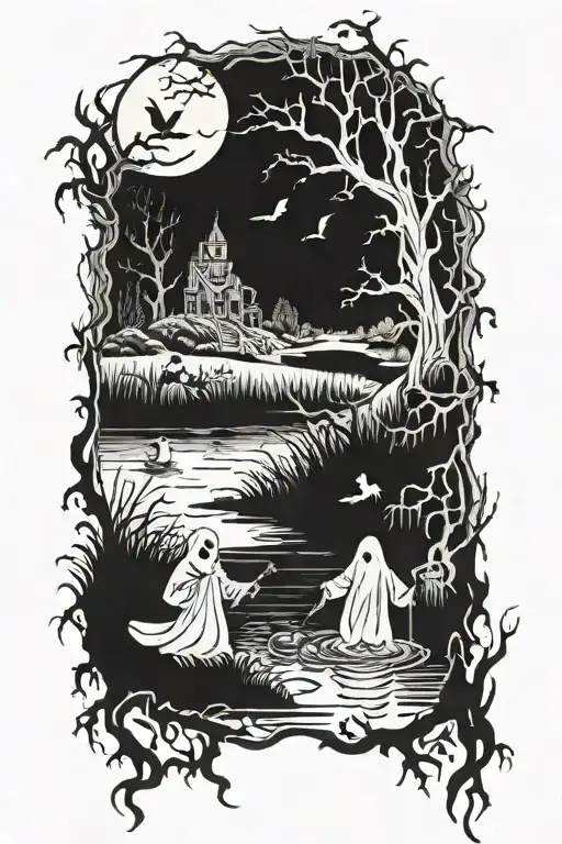 Halloween scene with ghosts hunters and a swamp tattoo design idea