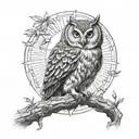 Sun and owl perched tattoo design idea