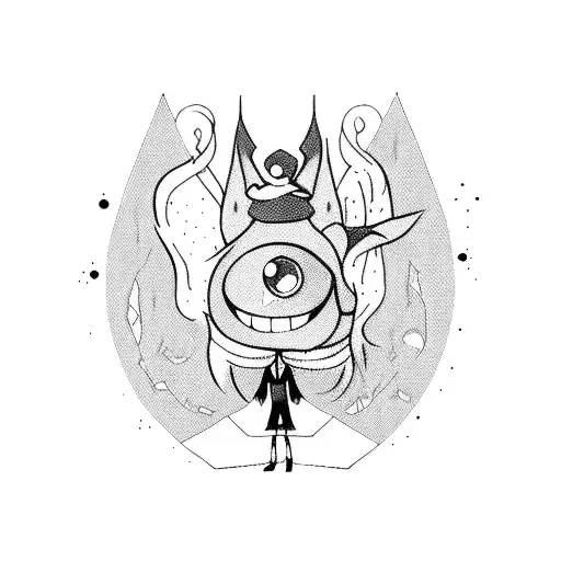 A crossover tattoo featuring characters from Gravity Falls and Hazbin Hotel in a dark and whimsical setting tattoo design idea