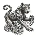 An elegant black and grey tattoo design of a sleek panther with tribal elements, embodying the client's passion for heavy metal music and legal profession tattoo design idea