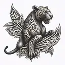 An elegant black and grey tattoo design of a sleek panther with tribal elements, embodying the client's passion for heavy metal music and legal profession tattoo design idea