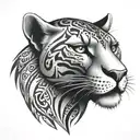 An elegant black and grey tattoo design of a sleek panther with tribal elements, embodying the client's passion for heavy metal music and legal profession tattoo design idea