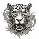 An elegant black and grey tattoo design of a sleek panther with tribal elements, embodying the client's passion for heavy metal music and legal profession tattoo design idea